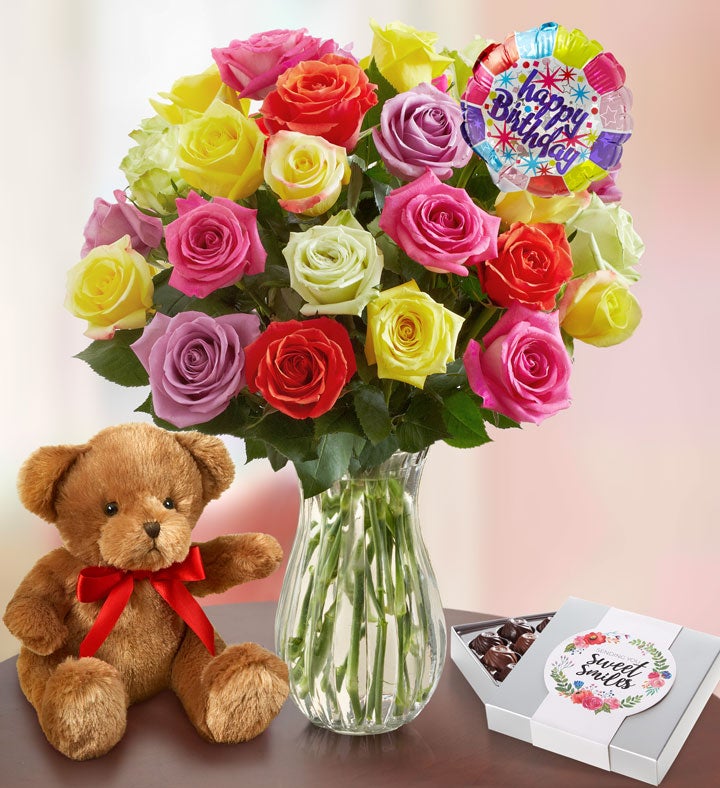 Happy Birthday Assorted Roses, 12-24 Stems