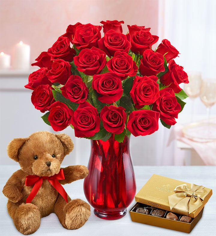 Red Roses with Bear, 12-24 Stems